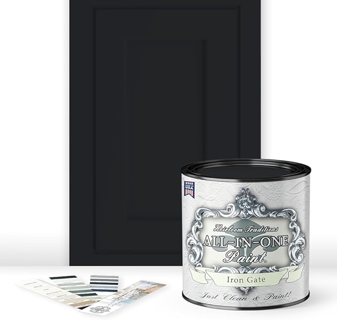 ALL-IN-ONE Paint, Durable cabinet and furniture paint. Built in primer and top coat, no sanding needed. Includes our 30 featured color card - Iron Gate (black), Quart