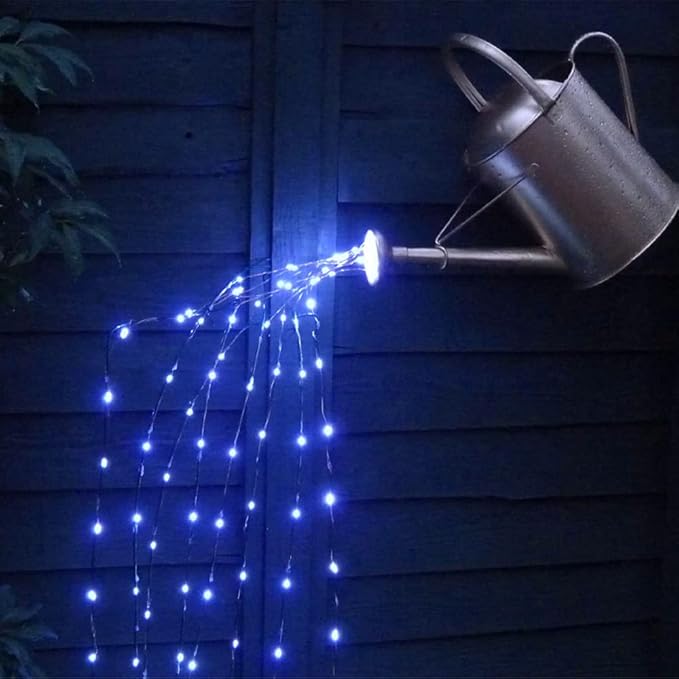 Solar Fairy String Lights Outside Blue, Multi Strand 180 LEDs Watering Can Light for Outdoor, Waterproof Solar Powered Waterfall Lights, Firefly Bunch Lights for Garden Décor