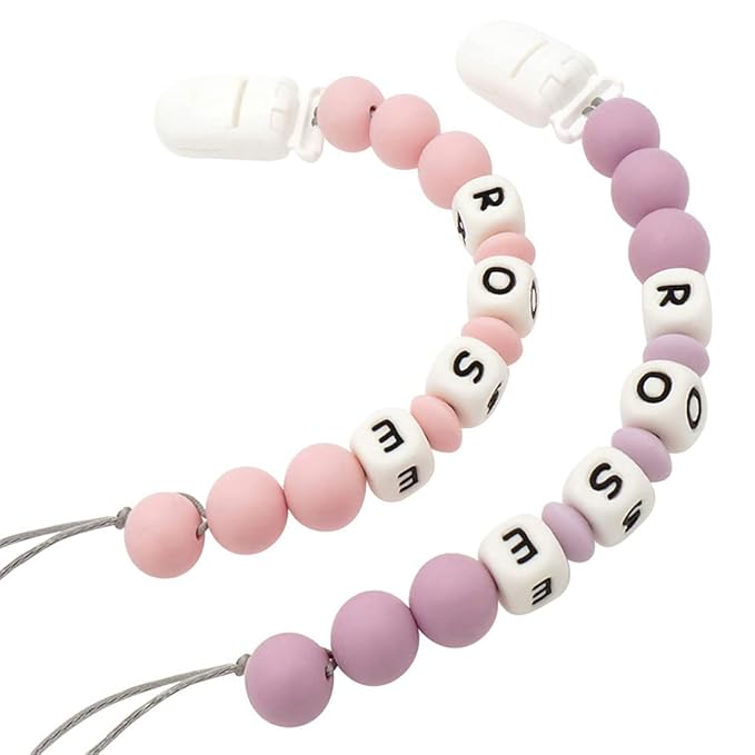 Personalized Pacifier Clip with Name, Customizable Pacifier Clip (2 Pack) (Light Pink + Lavender)