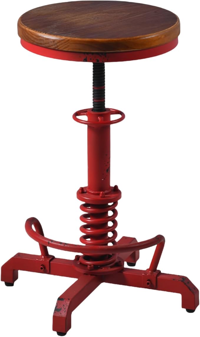 LOKKHAN American Antique Steampunk Bar Stool 24.41"-28.35" Vintage Industrial Adjustable Swivel Backless Counter Stool for Home, Dining, Breakfast, Pub, (Heavy Duty Metal & Wood, Aged Red, Brown Top)