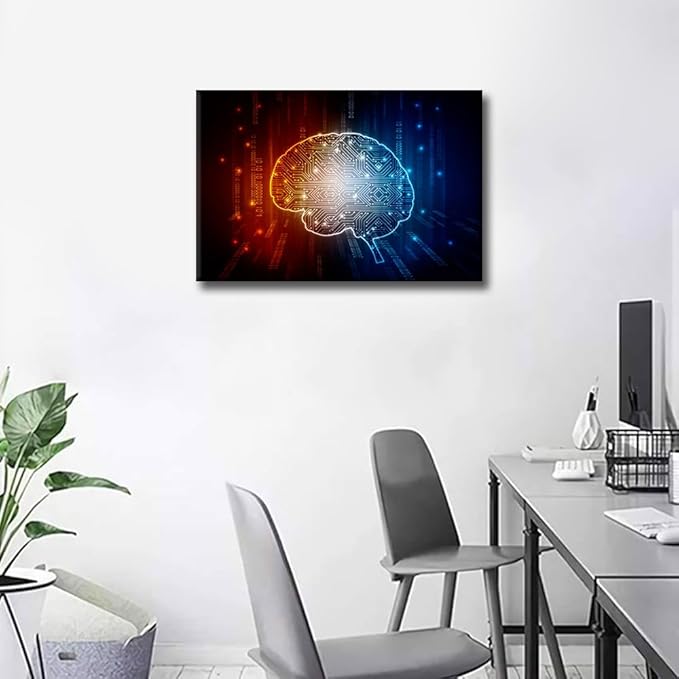TUMOVO AI Artificial Intelligence Concept Wall Art Red Blue Pictures Print On Canvas AI Brain Modern Artwork Wall Art for Living Room Office Gallery Framed Ready to Hang, 24x16in