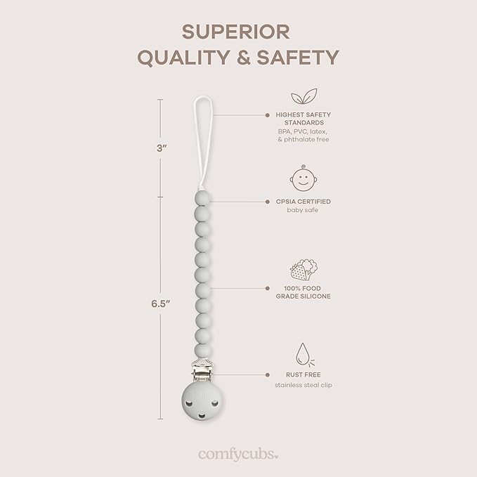 Comfy Cubs Pacifier Clips 2 Pack - 100% Food Grade Silicone Baby Pacifier Clips, BPA & PVC Free - CPSIA Certified, Lightweight and Flexible Baby Gifts - Slate