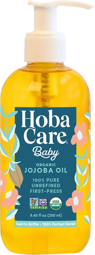 HobaCare Organic Jojoba Baby Oil with Pump Dispenser – 100% Pure Natural Unrefined Unscented Hexane Free Cold Pressed Jojoba Oil for Baby Hair, Infant Skin, Scalp Moisturizing (8.45 oz)