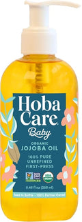 HobaCare Organic Jojoba Baby Oil with Pump Dispenser – 100% Pure Natural Unrefined Unscented Hexane Free Cold Pressed Jojoba Oil for Baby Hair, Infant Skin, Scalp Moisturizing (8.45 oz)