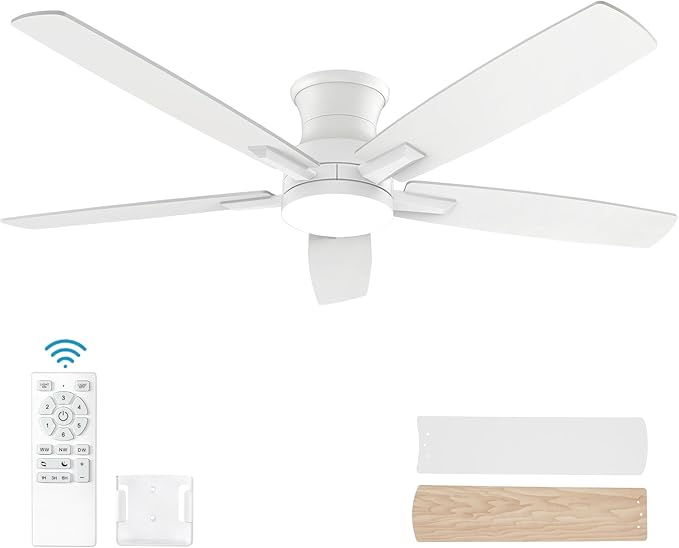 YUHAO 52 Inch Flush Mount White Ceiling Fan with Light and Remote Control.Noiseless,Dimmable,3CCT,6 Speeds Reversible, Low Profile DC Ceiling Fans for Indoor or Covered Outdoor Use,ETL Listed