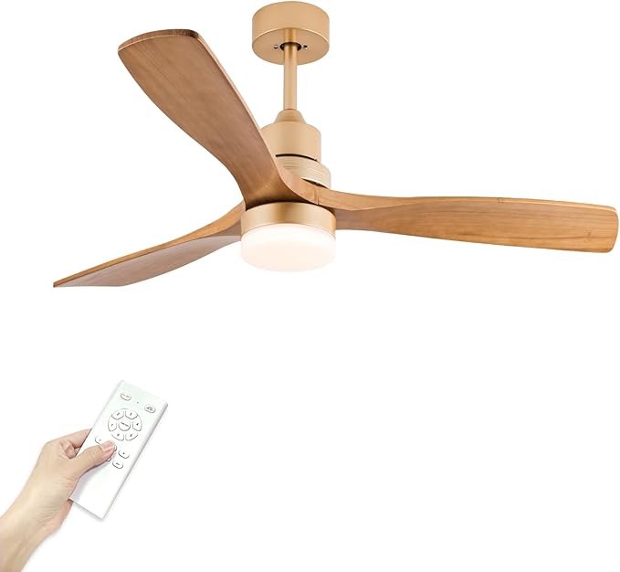 Champagne Gold Luxury Style Ceiling Fan with Light Solid Wood Blade Noiseless Reversible Motor Dimmable Light Memory Living Room and Bedroom Ceiling Fan (Golden04)