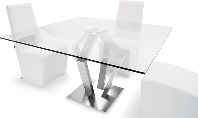 ZURI Modern Aiden 51" Square Glass Dining Table with Brushes Stainless Steel Base