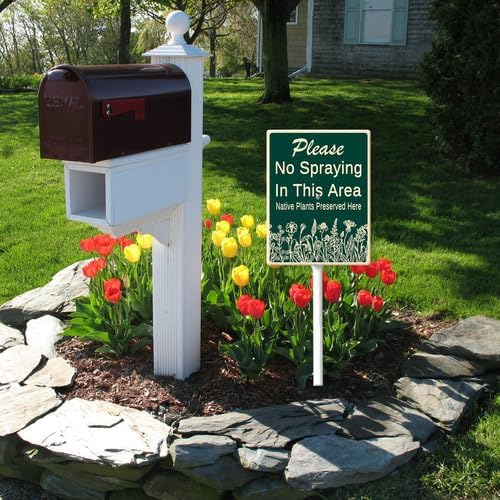 FemiaD No Spraying In This Area Yard Sign with Stake 4.6x6inch Sturdy Aluminum Rustproof Outdoor Lawn Decor Native Plants Preserved Here Sign for Garden Front Door Outdoor Use Easy to Install