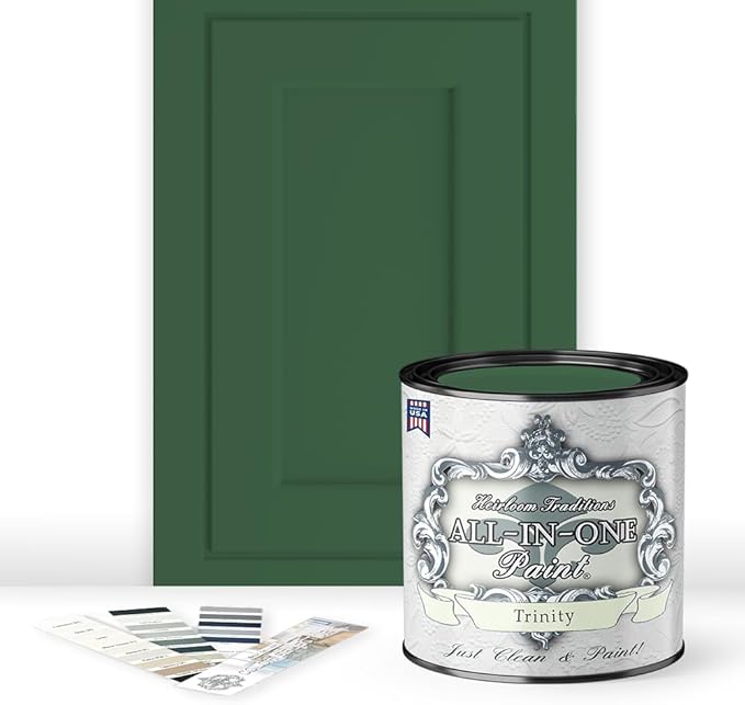 ALL-IN-ONE Paint, Durable cabinet and furniture paint. Built in primer and top coat, no sanding needed. Includes our 30 featured color card - Trinity (green), Quart