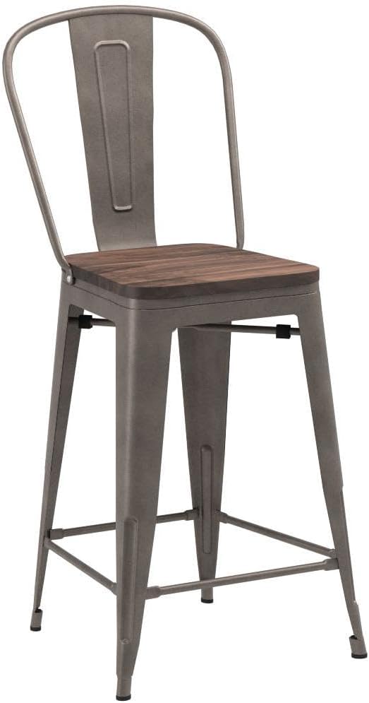 Yongqiang 24 inch Bar Stools Set of 4 Kitchen Counter Height Bar Chairs High Back Metal Barstools with Large Wooden Seat Industrial Rusty