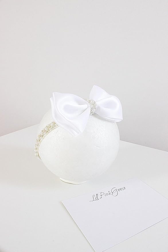 0-12 Newborn Baby Baptism Pearl Headband or Clip with Bow in WHITE Christening Headband with Satin Bow, Pearl Rhinestone Band (Off White(3-6Months), 1 Count (Pack of 1))