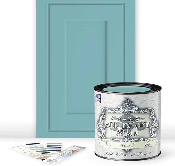 ALL-IN-ONE Paint, Durable cabinet and furniture paint. Built in primer and top coat, no sanding needed. Includes our 30 featured color card - Amalfi (blue aqua), Quart
