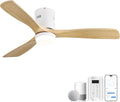 CACI Mall Smart 52 inch Wood Flush Mount Ceiling Fans with Lights and Remote, 3 Blades, Low Profile, Modern, Compatible with Alexa/Google/App, Outdoor Indoor Ceiling Fans for Bedroom/Farmhouse/Patio