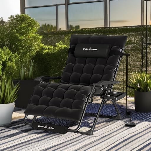 UDPATIO Oversized Zero Gravity Chair 33In XXL Patio Reclining Chair with Cushion, Outdoor Folding Recliner with Pillows|Cup Holder|Foot Rest|Padded Headrest, Black, Support 500LB