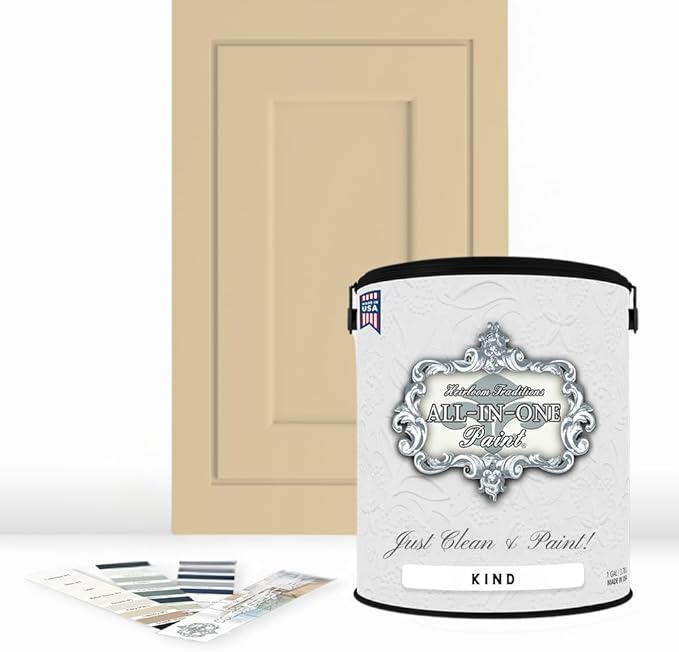 ALL-IN-ONE Paint, Durable cabinet and furniture paint. Built in primer and top coat, no sanding needed. Includes our 30 featured color card - Kind (buttery yellow), Gallon