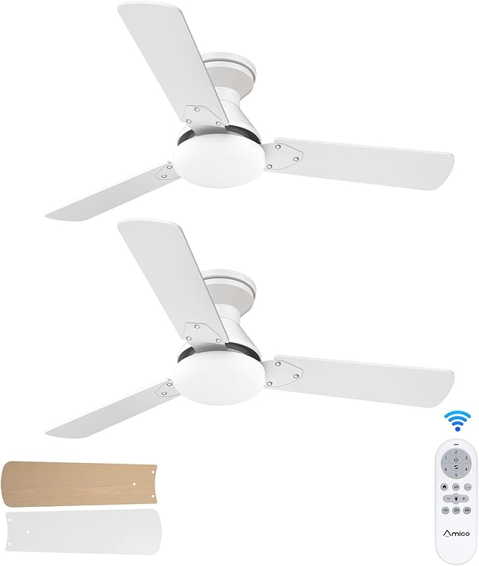 Amico 2 Pack Ceiling Fans with Lights, 42 inch Low Profile Ceiling Fan with Light and Remote Control, Flush Mount, Reversible, 3CCT, Dimmable, Noiseless, White Ceiling Fan for Bedroom, Indoor/Outdoor