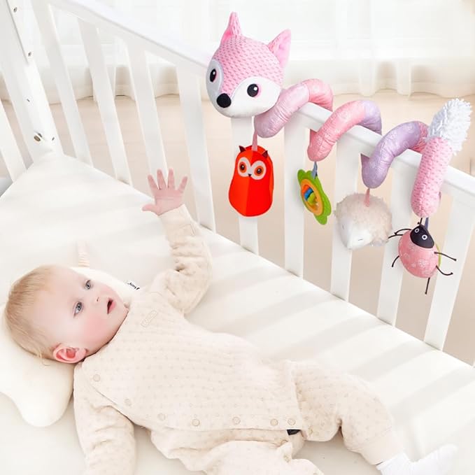 Koty Car Seat Toys, Infant Baby Spiral Plush Activity Hanging Toy for Stroller Bar Pram Crib with Music Box BB Squeaker & Rattles(Pink Fox)