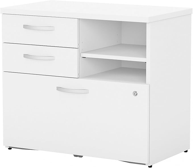 Bush Business Furniture Studio C Office Storage Cabinet with Drawers and Shelves in White, Organization for Home or Professional Workspace
