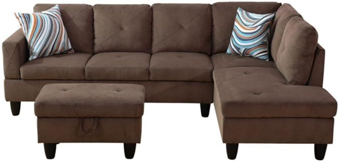 Brown L-Shaped 3-Piece Corduroy Fabric Sofa with Storage Ottoman Set, Sectional Couch Sofa Set for Living Room, Office, Small Space