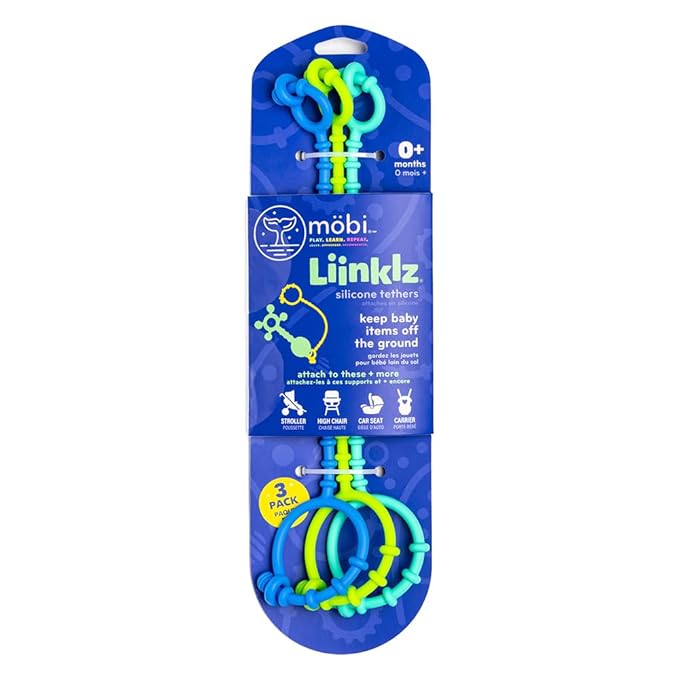 Mobi Liinklz Silicone Tethers for Car Seat & High Chair, Flexible, Soft Toy Straps for Baby, Easy Clean Toy Holder, Secure Stroller Straps for Infants 0+ Months, Cool Colors (3 Pack)