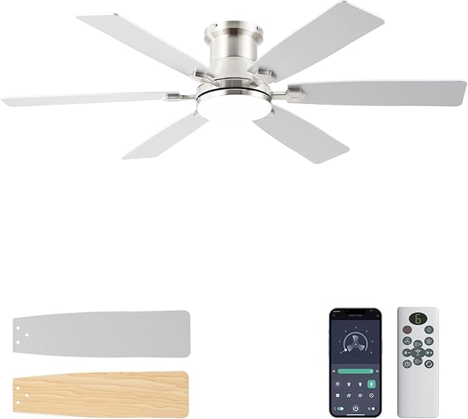 52inch Low Profile Ceiling Fan with Light and Remote/APP Control, LED Dimmable DC ReversibleModern, Flush Mount,6 Blade,Nickel Ceiling Fan for Bedroom Living Room/Outdoor Use