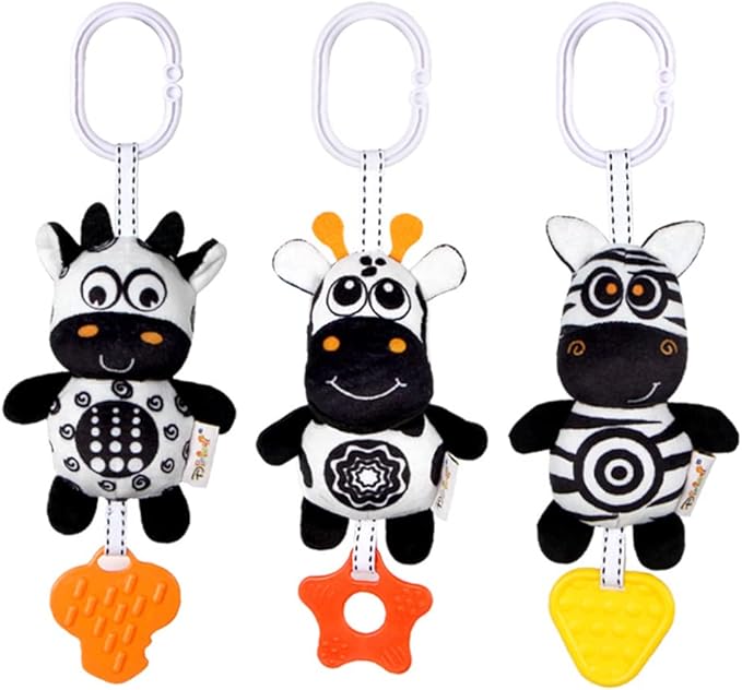 KAKIBLIN Baby Hanging Toy,3 Pack Black and White Sensory Toys for for 0 3 6 9 to 12 Months, High Contrast Soft Hanging Crinkle Squeaky Learning Toy with Teether for Boys Girls (21CM, Zebra,Deer&Cow)