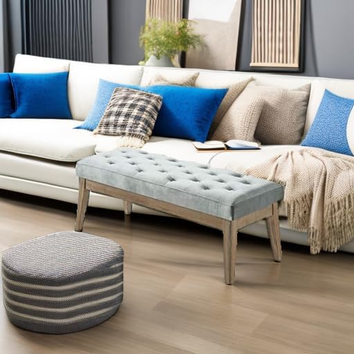 24KF Velvet Upholstered Buttons Tufted Entryway Bench with Solid Wood Leg,Bed Bench Ottoman with Padded Seat,5034-Gray