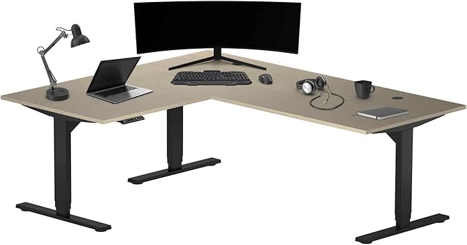 Progressive Desk Stand Up Height Adjustable Electric Standing Desk - L Shaped 60" x 72" Corner Computer Rising Workstation Table - Black Frame, Bright Beech Top