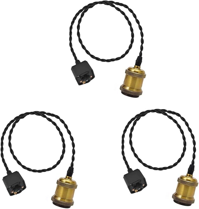 Kiven 3-Light H-Type Wire Track Light Pendants, 48 Inch Cord Length Black Weave Rope, Restaurant Chandelier Decorative Pendant Light Industrial Factory Pendant Lamp 3 Pack,Bulb Not Included（Gold）