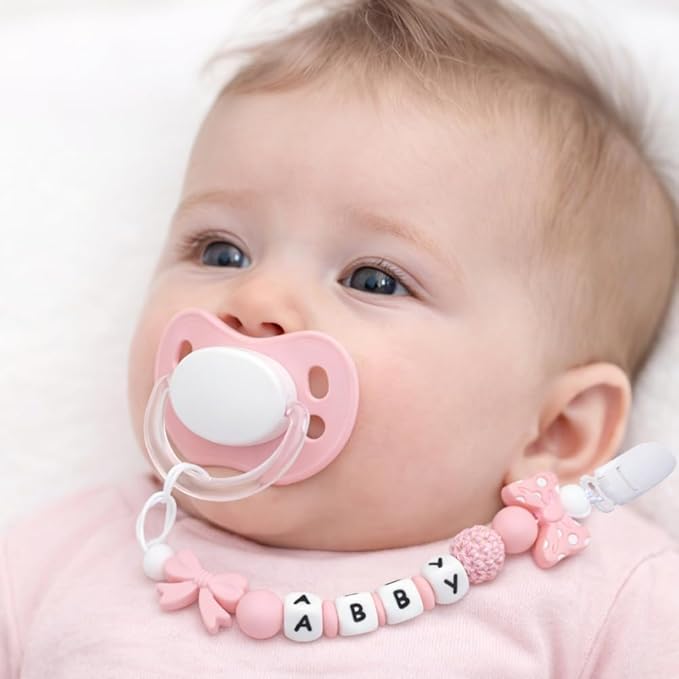 Personalized Name Pacifier Clips Nipples Holder Chain,Custom Baby Name Accessories Newborn Boy Girl Pacifier Clip(Pink)