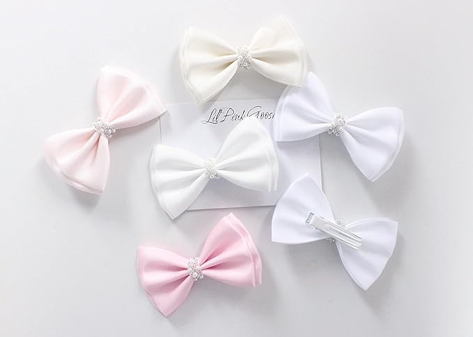 0-12 Newborn Baby Baptism Pearl Headband or Clip with Bow in WHITE Christening Headband with Satin Bow, Pearl Rhinestone Band (Pink Clip, 1 Count (Pack of 1))