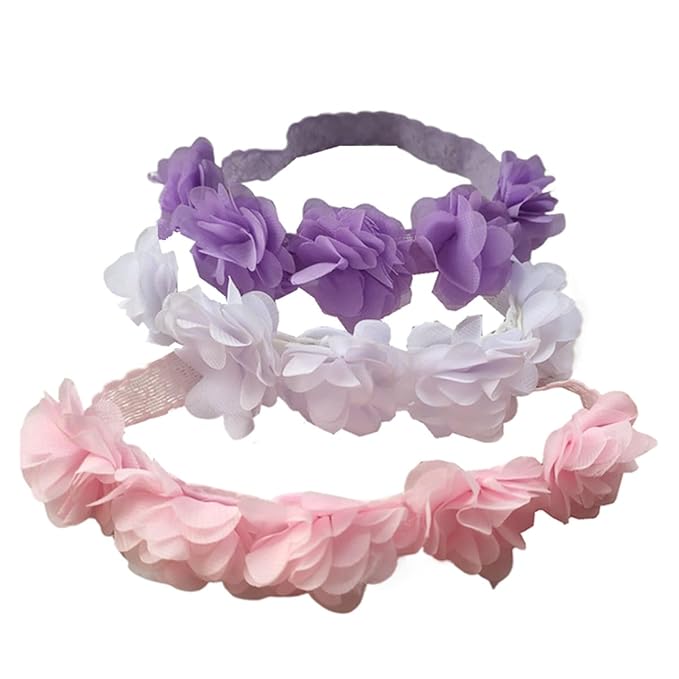 Jilukibo Baby Elastic Lace Bows Flower Headbands, Stretch Gold Princess Floral Hair Band Headwear for Infant Girls Toddler Hair Accessories (3 Pack, White Pink Purple)