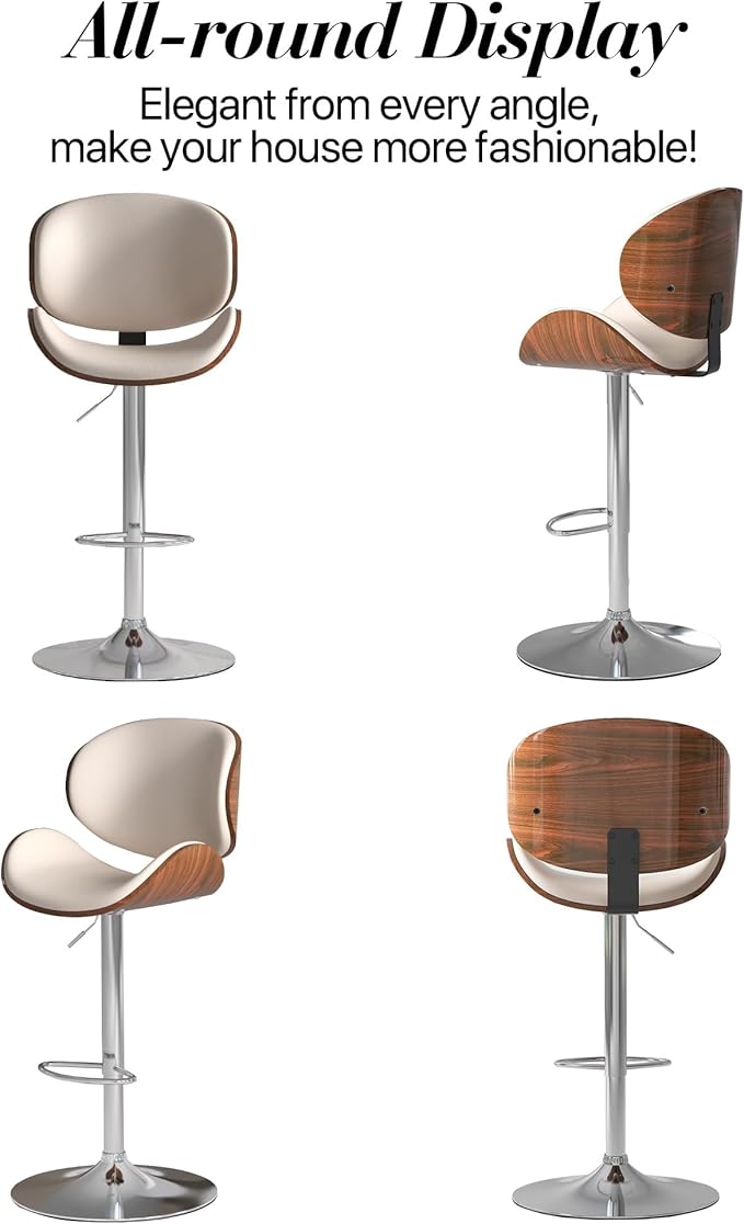 Adjustable Swivel Bar Stools Set of 3, Modern Bentwood Barstool with Large Metal Base and Footrest, PU Leather Upholstered Bar Chair with Curved Back for Kitchen Island Dining Room, White