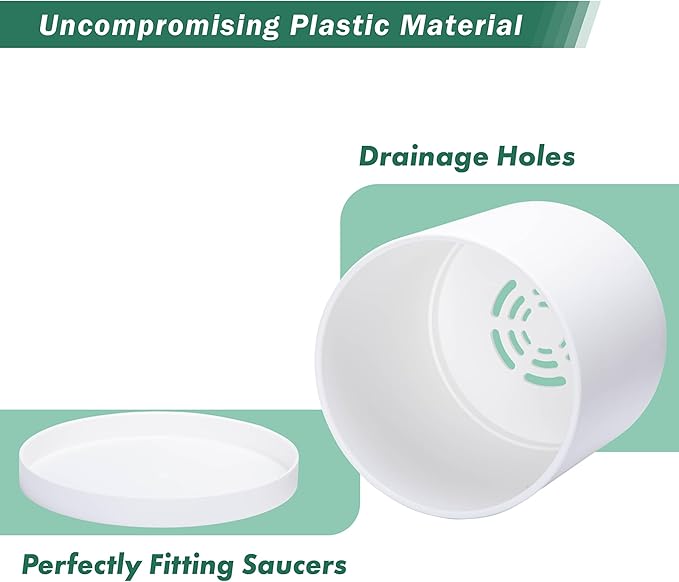 D'vine Dev 2 Pack 10 Inch Modern Plastic Plant Pots, Cylindrical Garden Planters for Plants with Drainage Holes and Saucers, White, 74-Z-N-1