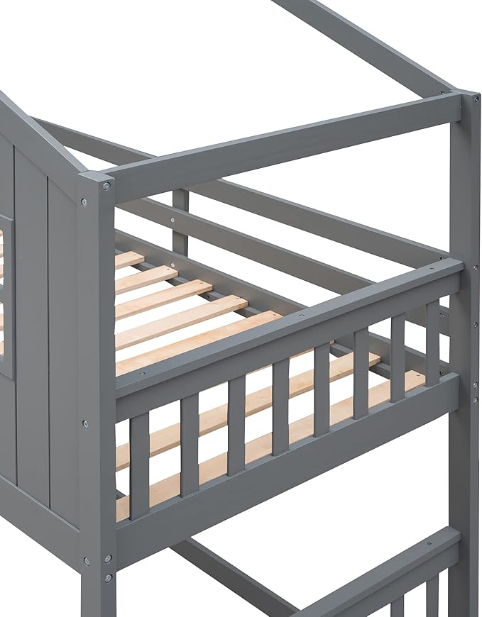 Ball & Cast Twin Over Twin Size House Bunk with Ladder and Window,Wood Bunkbed w/Full-Length Guard Rail & Ladder,Slat Support,Space Saving,Bedroom Furniture for Student Dorms,Gray