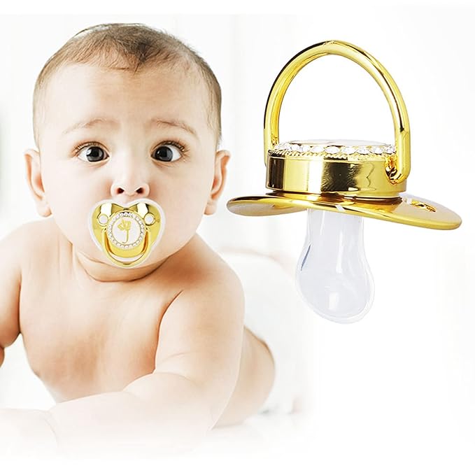 Personalized Golden Letter Baby Pacifier with Clips, Anti-Dust Cover, Bling Design for Newborn Photography, Letter J