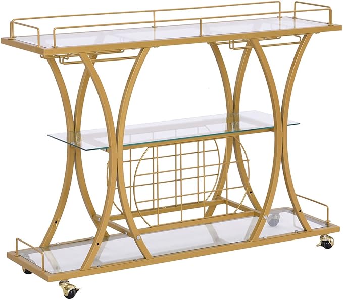 Gold Bar Carts with Glass Holders & Wine Rack,3 Tier Home Bar Serving Carts with Glass Shelves,Metal Rolling Bar Carts for The Home Kitchen, Party