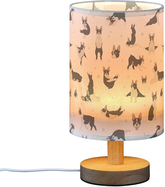 Table Lamp Boston Terrier Dog Do Yoga Pattern Nightstand Lamp with Wood Base Fabric Lamp Shade Bedside Desk Lamp for Living Room Bedroom Kids Room Office