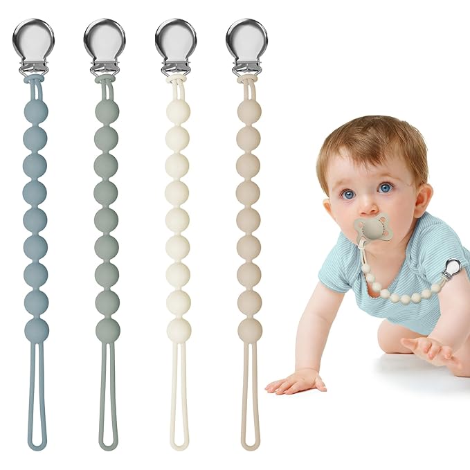 Pacifier Clips for Baby Girl Boy, Silicone Binky Holder for MAM Pacifiers, Baby Newborn Essentials Shower Birthday Gift (4-Pack)