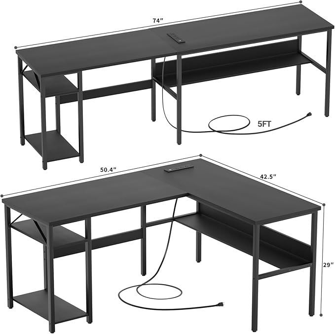 Reversible L Shaped Computer Desk with Power Outlets and USB Charging Ports, Sturdy Corner Desk with Storage Shelf, Modern Work Gaming Table for Home Office, Easy to Assemble, Black