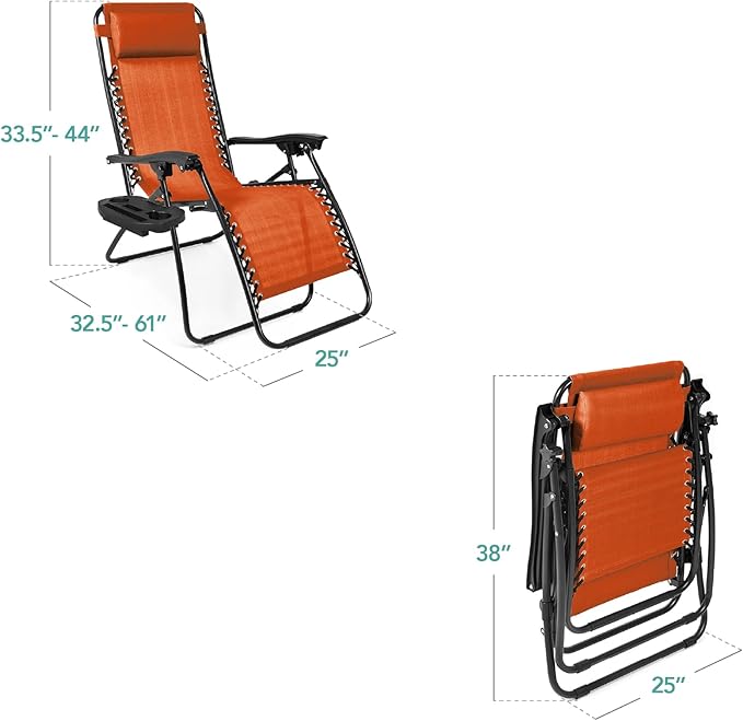 Best Choice Products Set of 2 Adjustable Steel Mesh Zero Gravity Lounge Chair Recliners w/Pillows and Cup Holder Trays - Burnt Orange