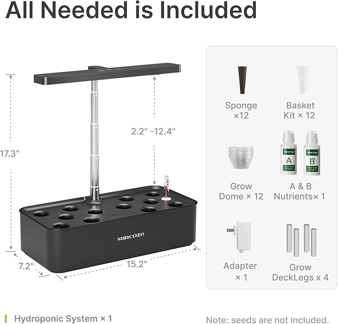 SUNCOZE Hydroponics Growing System Kit 12 Pods, 24W LED Grow Light Indoor Garden, 4L Water Tank with Quiet Pump, Adjustable Height Herb Garden Planter Indoor Kit, Gardening Gifts, Black