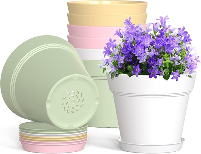 4 Inch Plastic Plant Pots with Drainage Holes and Trays – 8 Pack Small Nursery Pots for Indoor & Outdoor House Plants and Flowers, Seedling Starter Planters, Colorful