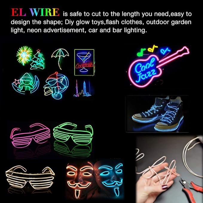 MaxLax EL Wire 7 Pack, 16.4ft Neon Light Wire Noise Reduction with Battery Pack(7 Color)… (16.4ft)…