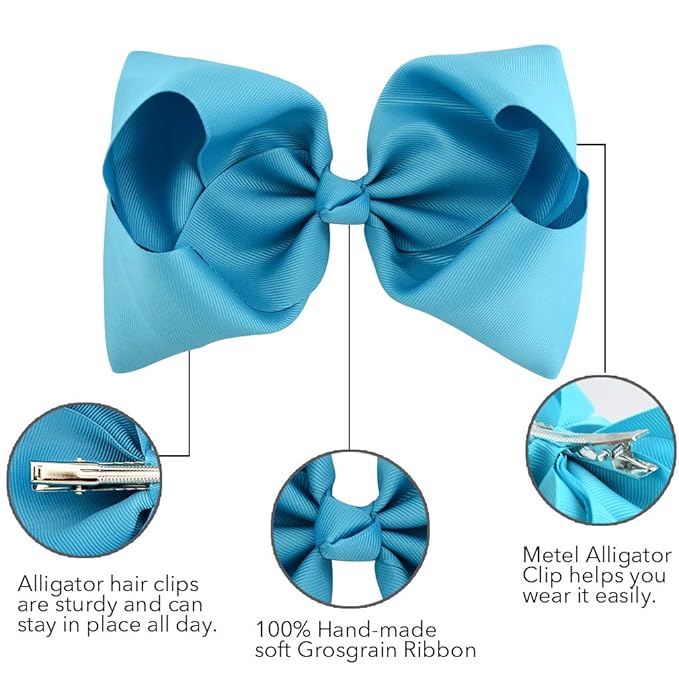 DEEKA 2 PCS 6" Big Hand-made Grosgrain Ribbon Solid Color Hair Bows Alligator Clips Hair Accessories for Little Teen Toddler Girls Kids Set of 2 -White