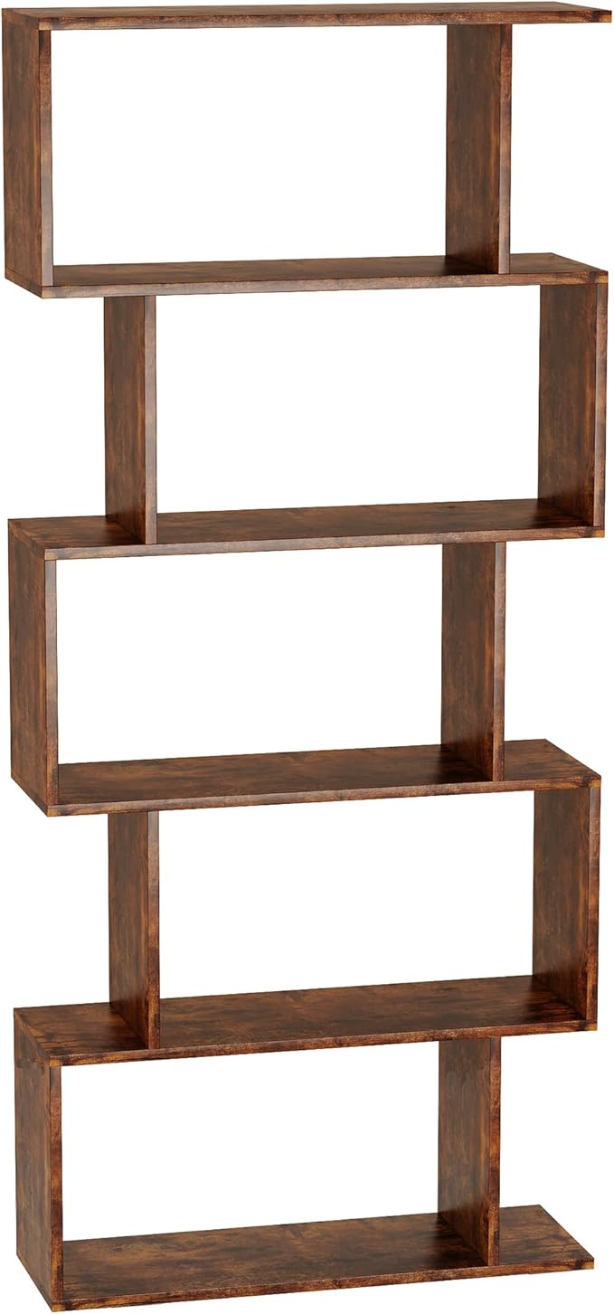 Yusong Bookshelf 5-Tier, Geometric Bookcase S Shaped Book Shelves for Bedroom, Modern Industrial Wood Decorative Display Shelf Book Case for Home Office, Rustic Brown