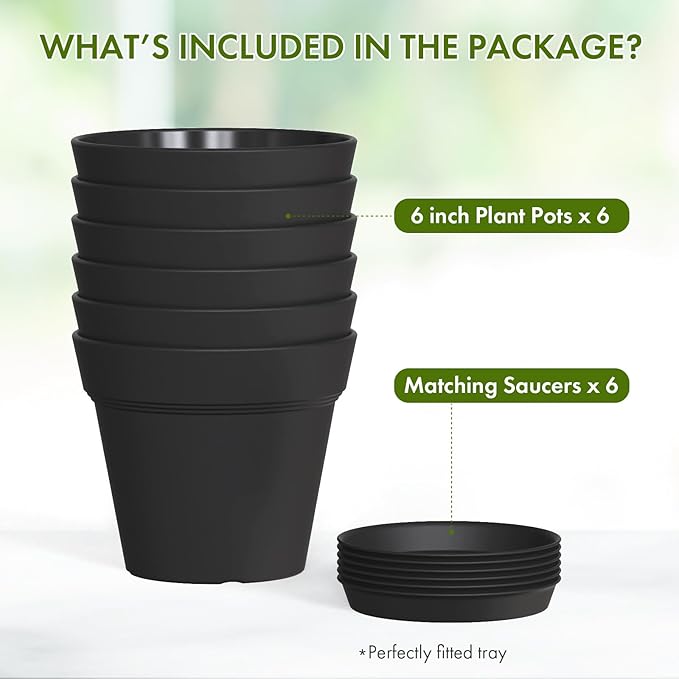 6 Inch Thick Plastic Plant Pots with Drainage Holes and Trays – 6 Pack Nursery Pots for Indoor & Outdoor House Plants, Seedling Starter Planters for Garden Flowers, Matte Black