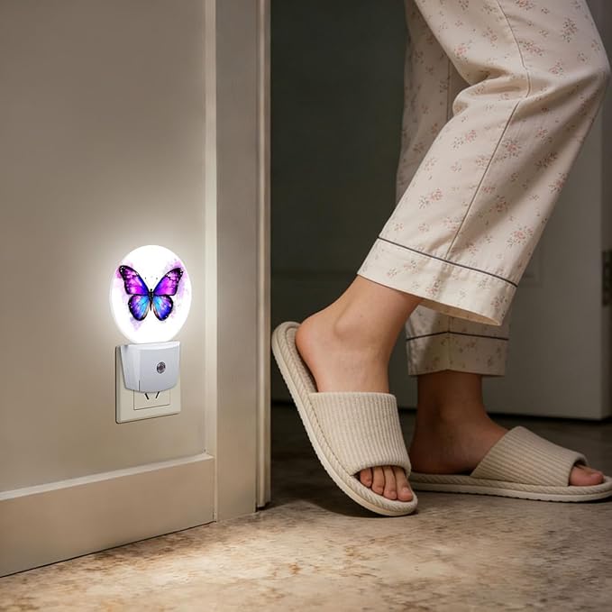 Purple Butterfly Night Light Plug Into Wall Auto Led Sleep Round Lamp for Living Room Hallway Stairs
