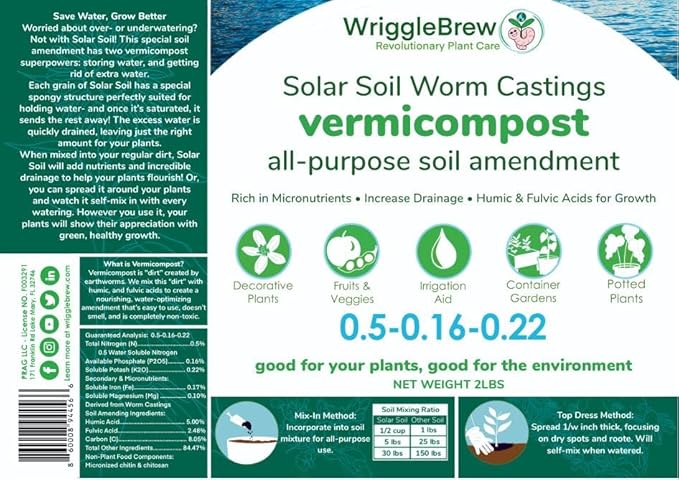 Solar Soil Vermicompost Soil Amendment from Earthworm Castings. All Purpose Plant Food and Dirt Enhancer for Gardens, Vegetables, Fruits, Houseplants. Mix with Potting Soil. (1.5lbs)