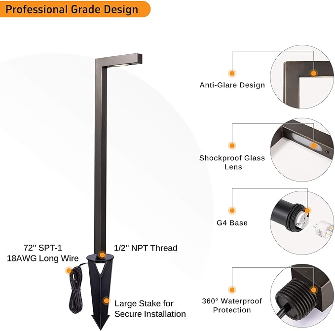 Gardenreet Low Voltage Pathway Lights Brass, LED Landscape Path Lights, Yard Lights Outdoor Waterproof IP65, 12V Wired L Shape Bronze for Garden Walkway with 3W 270LM 2700K G4 Bulb 4 Pack